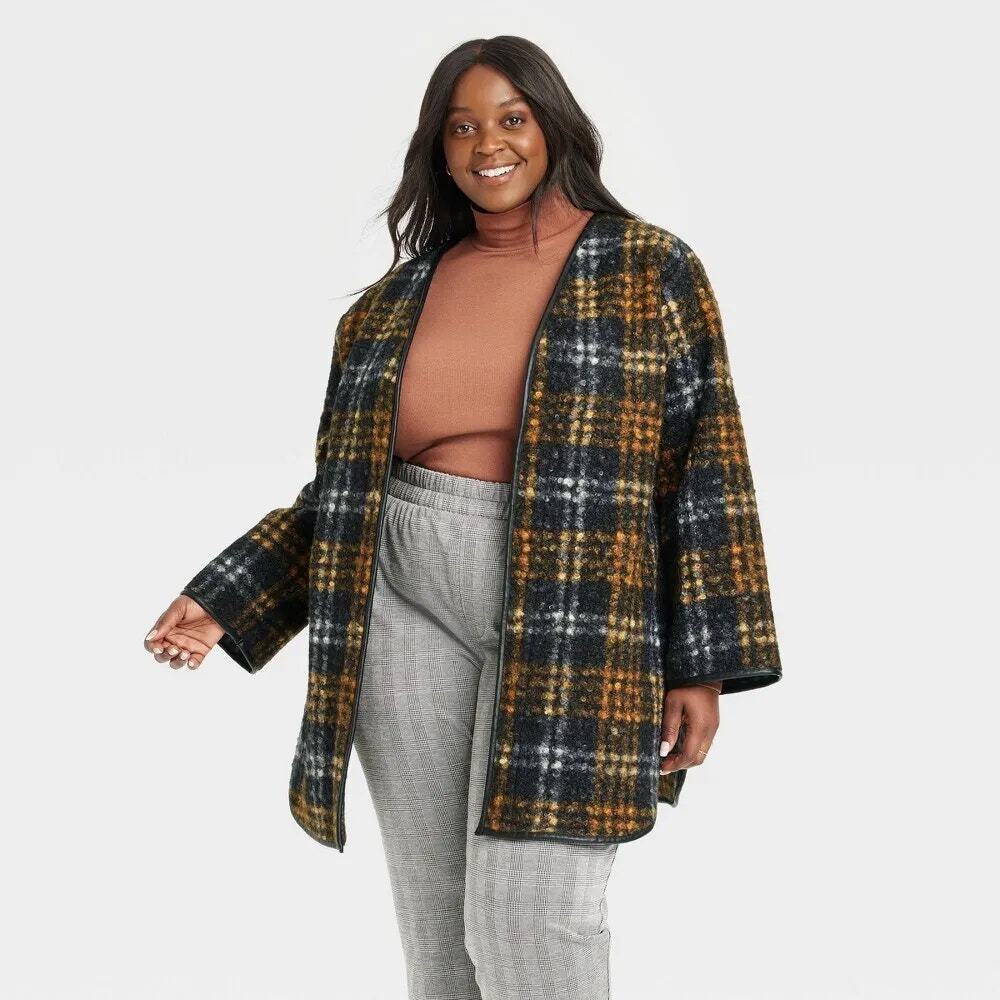 Ava & Viv Cozy Overcoat Jacket Open Front Rust Plaid Black Orange Womens Size 2X